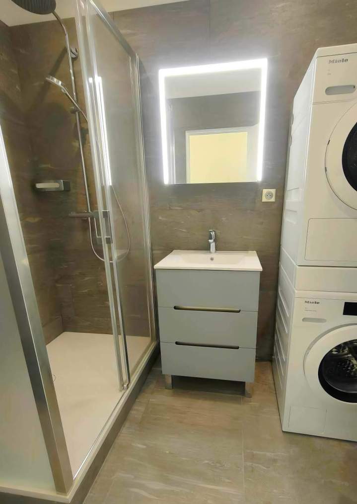 Salle de bains équipée d'une douche à l'italienne, d'un meuble-lavabo gris, d'un miroir éclairé et d'une machine à laver, Yvelines