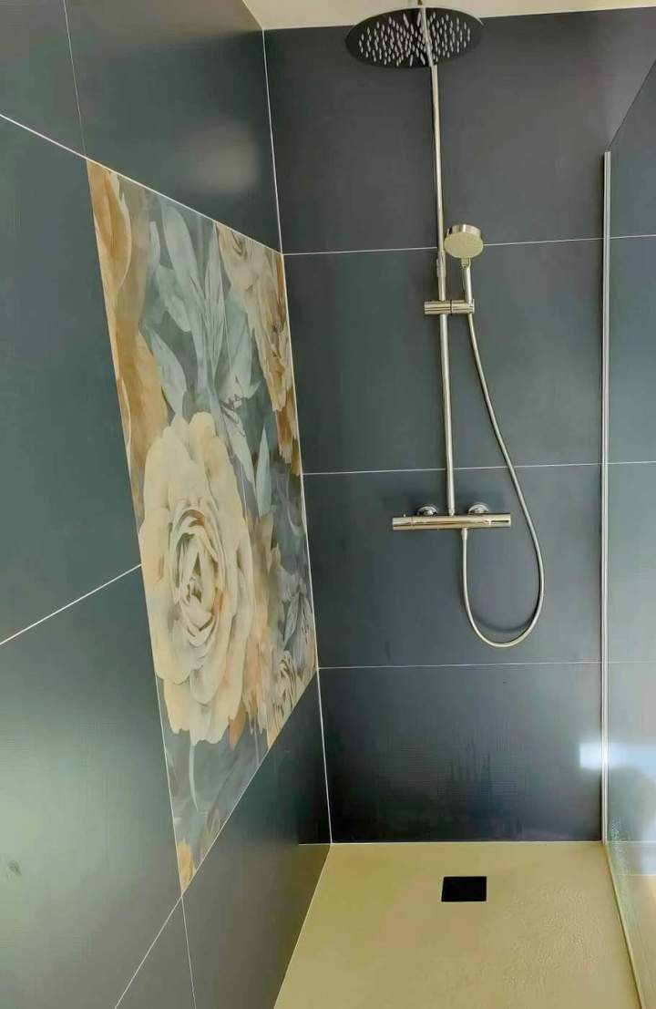 Coin bain carrelée avec une pomme de douche à effet pluie et une douchette à main, ainsi qu'un receveur de douche beige, Yvelines
